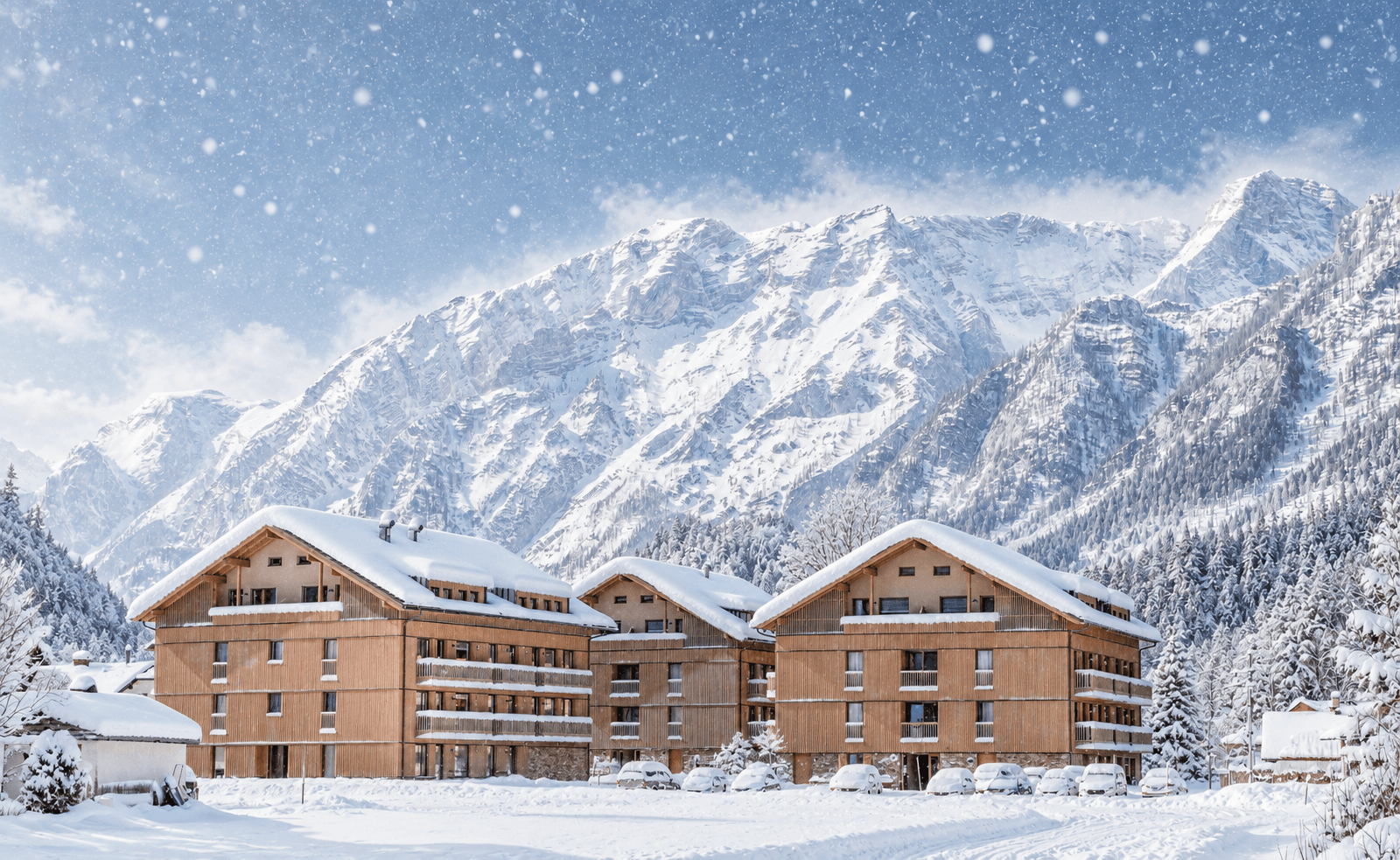 Die modernen Aparthotel-Gebäude mit schneebedeckten Dächern vor einer majestätischen, verschneiten Bergkulisse.