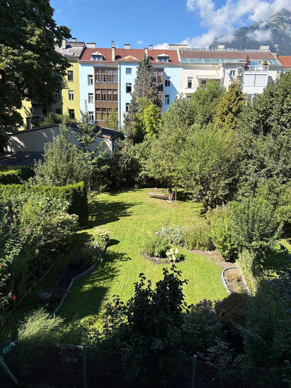 Gepflegter Gemeinschaftsgarten mit Rasenfläche und Bäumen, umgeben von Wohngebäuden.
