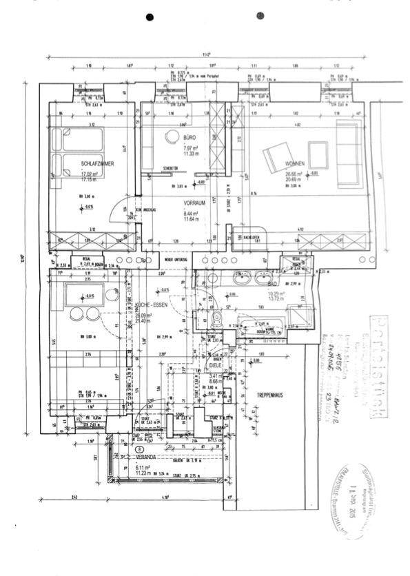 Detaillierter Grundriss der Wohnung mit Raumaufteilung und Bemaßungen.