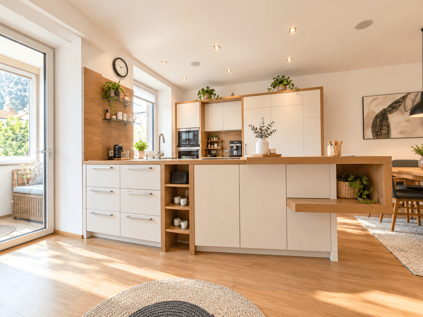 Moderne Küche mit Holzakzenten, integrierten Geräten und direktem Zugang zu einem kleinen Balkon.