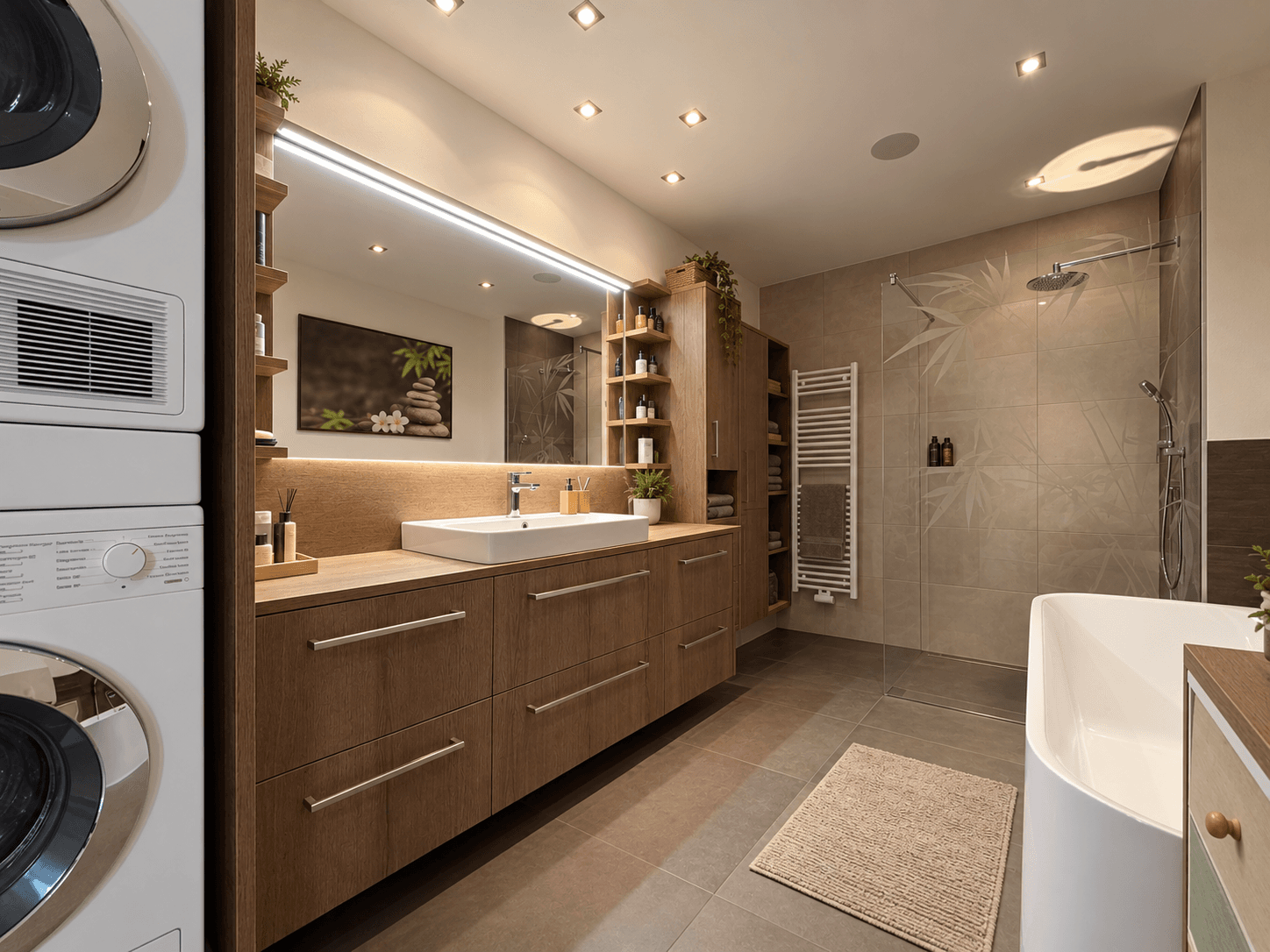 Elegantes Badezimmer mit großem Waschtisch, beleuchtetem Spiegel und begehbarer Dusche.