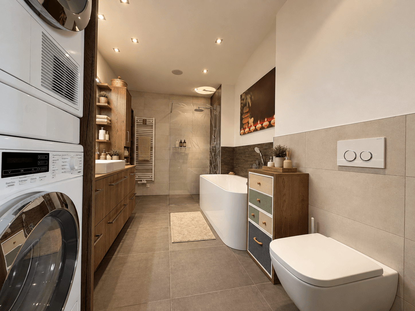 Modernes Badezimmer mit freistehender Badewanne, begehbarer Dusche und Waschmaschine.