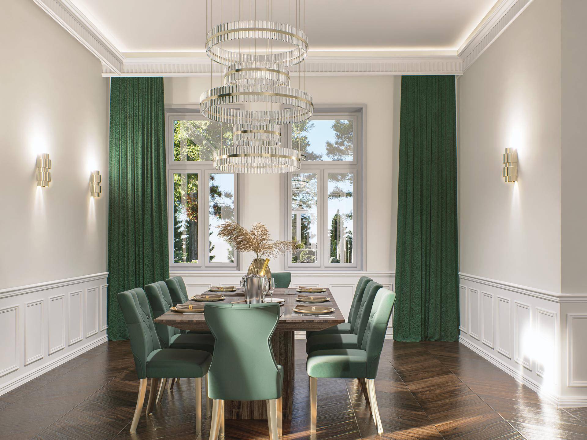 Eleganter Essbereich mit großem Holztisch, grünen Samtstühlen und einem modernen Kronleuchter.