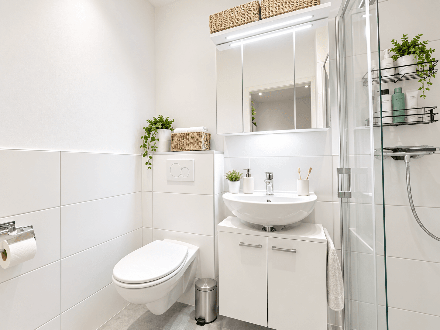 Modernes Badezimmer mit Duschkabine, wandhängendem WC und Waschbecken mit Unterschrank.