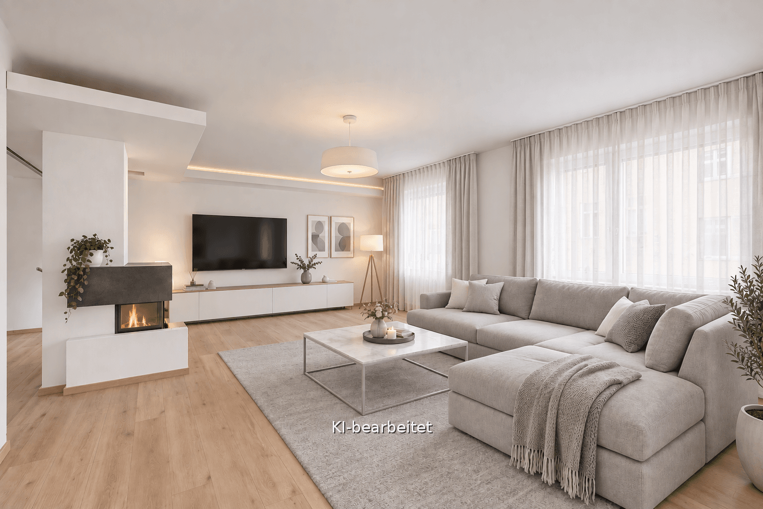 Geräumiges, helles Wohnzimmer mit modernem Sofa, Kamin und Holzboden.