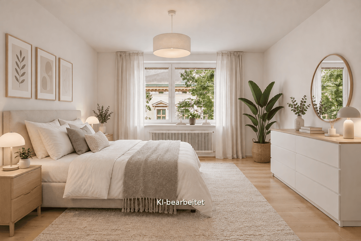 Helles, modern eingerichtetes Schlafzimmer mit großem Bett, Kommode und Blick ins Grüne.
