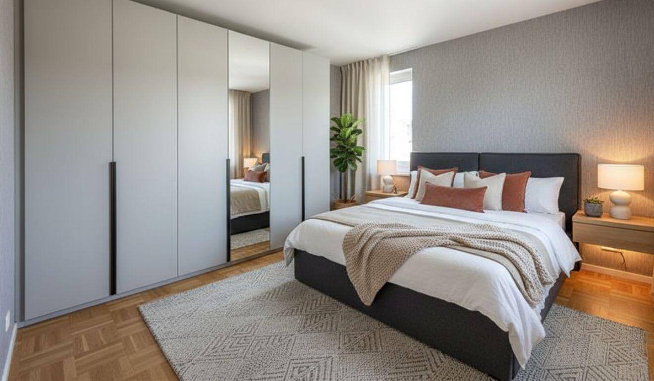 Modernes Schlafzimmer mit großem Bett, Einbauschränken und stilvoller Dekoration.