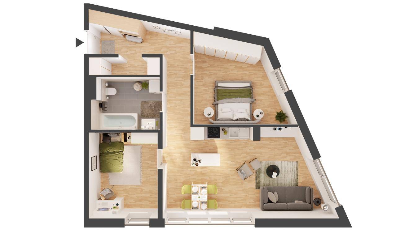 Übersichtlicher Grundriss einer Wohnung mit offenem Wohnbereich, Schlafzimmer und Badezimmer.