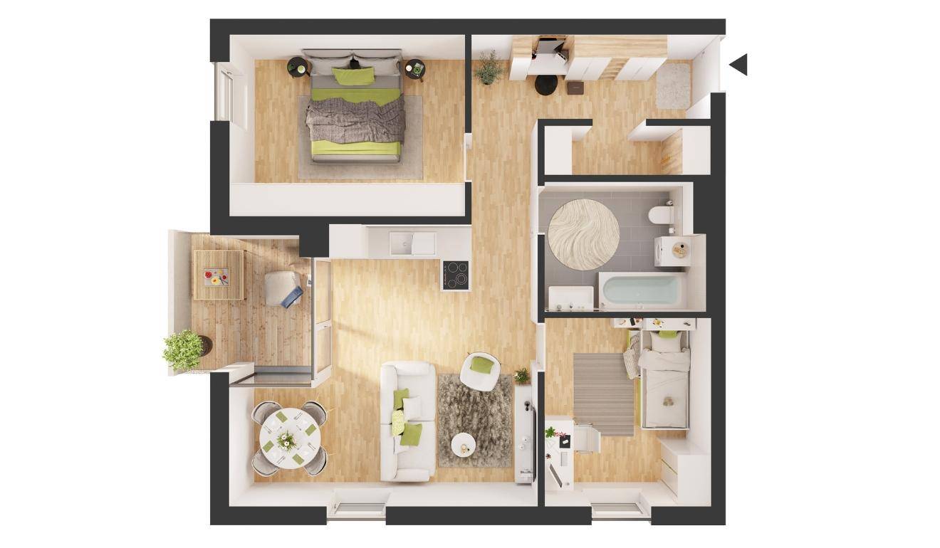 Detaillierter Grundriss einer Wohnung mit zwei Schlafzimmern, offenem Wohnbereich und Balkon.