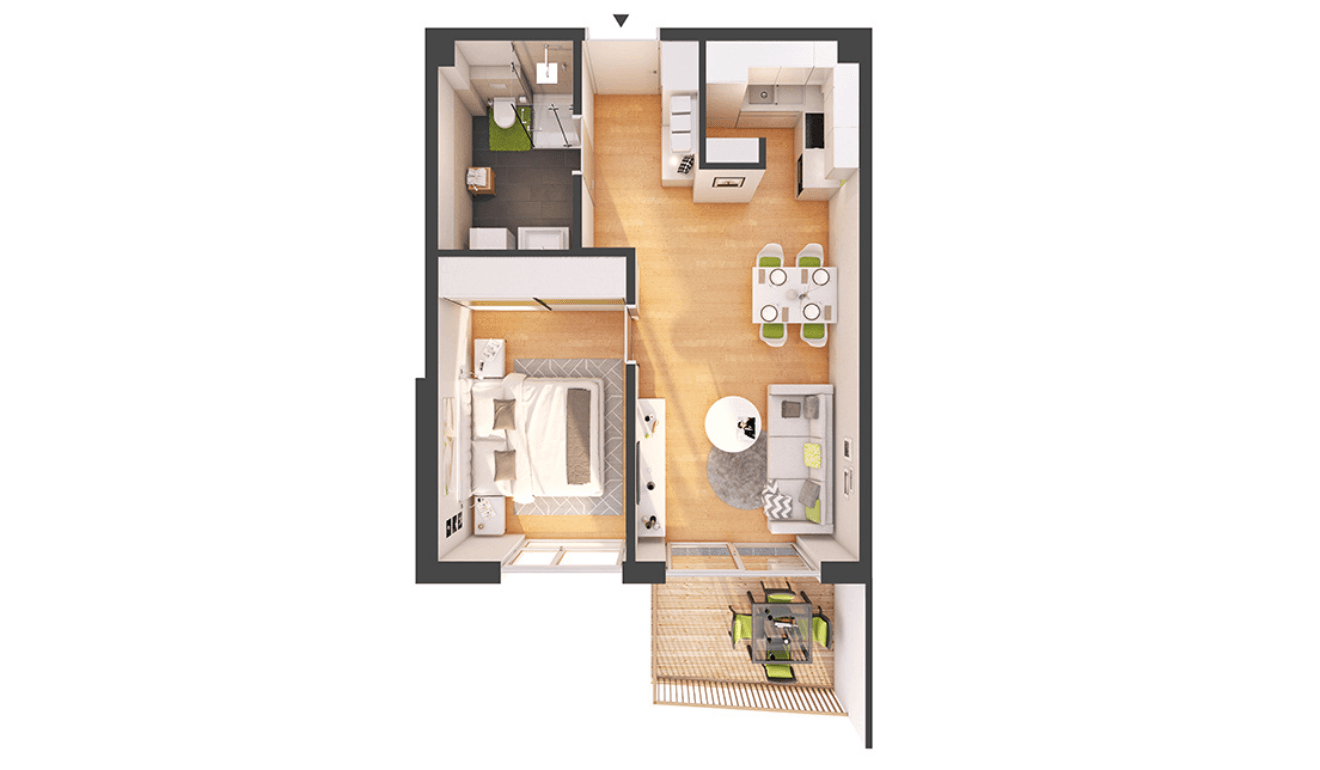 Moderner Grundriss einer Wohnung mit offenem Wohnbereich, Schlafzimmer, Bad und Balkon.
