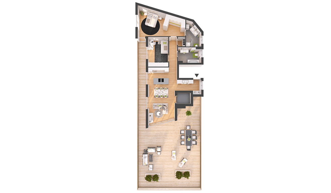Detaillierter Grundriss einer modernen Wohnung mit offenem Wohnbereich und großer Terrasse.