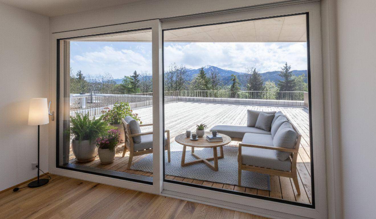 Heller Wohnbereich mit großen Schiebetüren, die zu einer möblierten Terrasse mit Bergblick führen.
