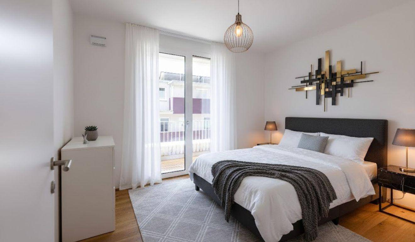 Modern eingerichtetes Schlafzimmer mit Doppelbett, Holzboden und Zugang zu einem französischen Balkon.