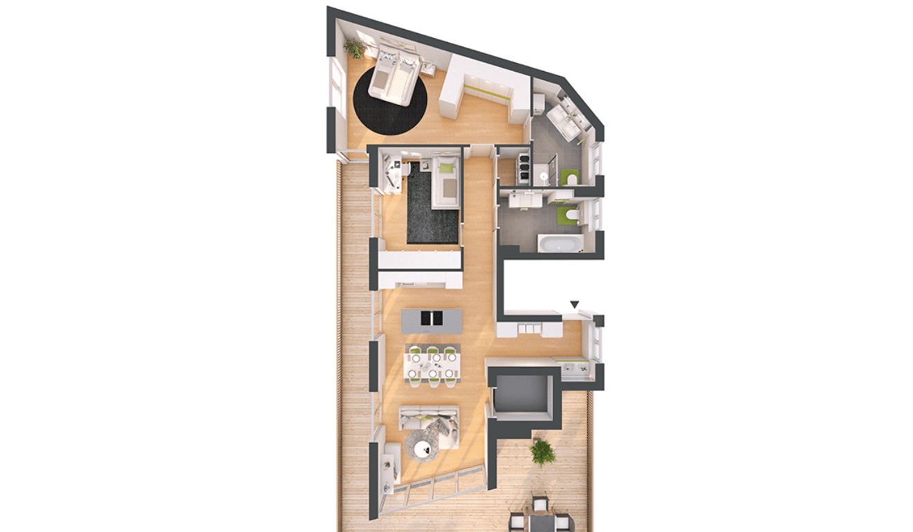 Grundriss einer stilvollen Wohnung mit mehreren Schlafzimmern, Bädern und weitläufiger Terrasse.
