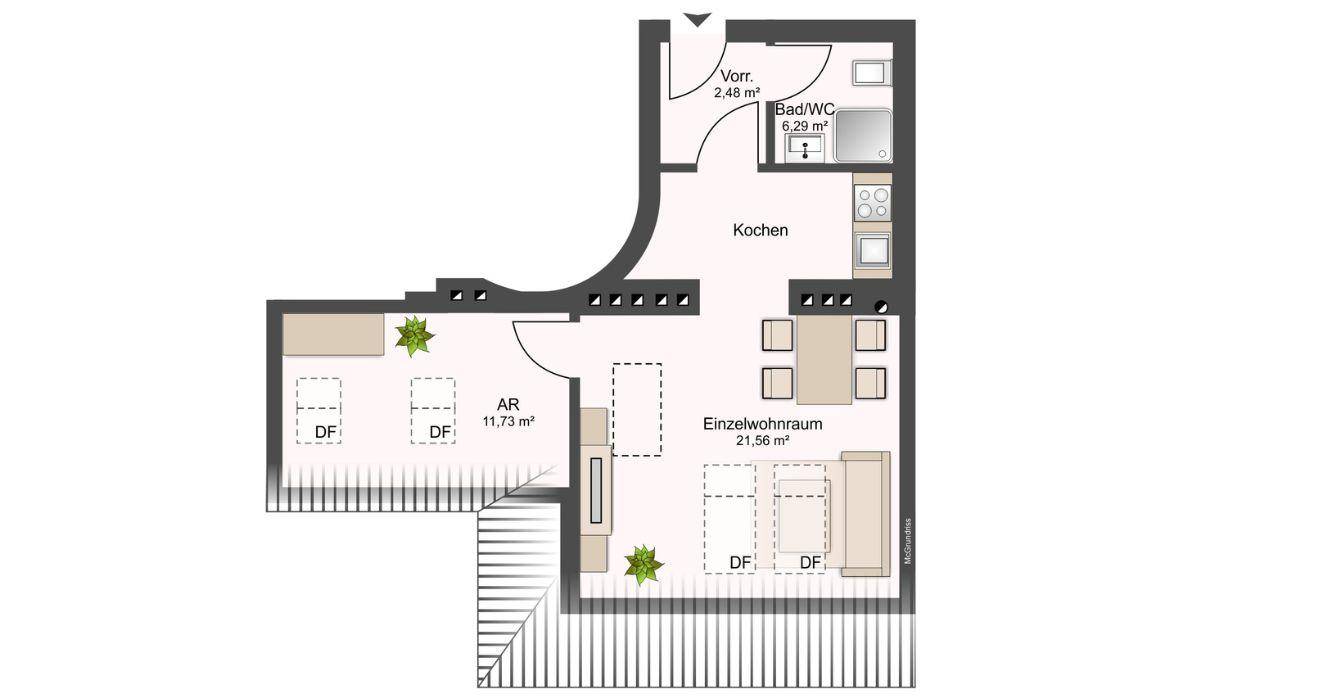 Grundriss einer Wohnung mit offenem Wohnbereich, Küche, Bad und Balkon.
