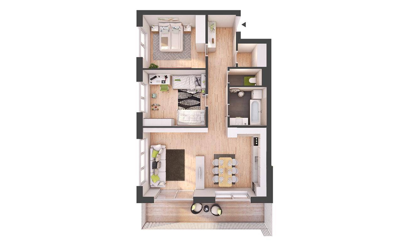 Detaillierter Grundriss einer Wohnung mit drei Schlafzimmern, zwei Bädern und offenem Wohnbereich.