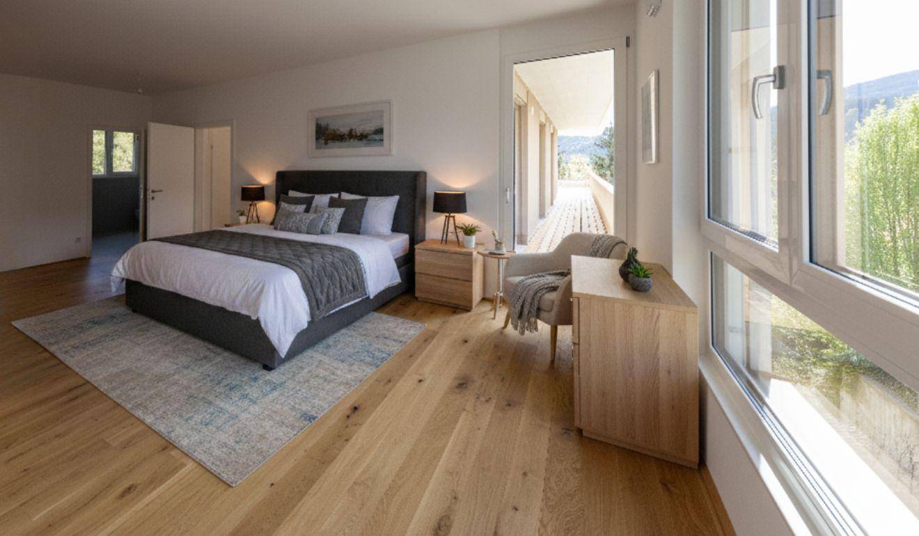 Geräumiges Schlafzimmer mit Holzboden, großen Fenstern und Zugang zu einem langen Balkon.