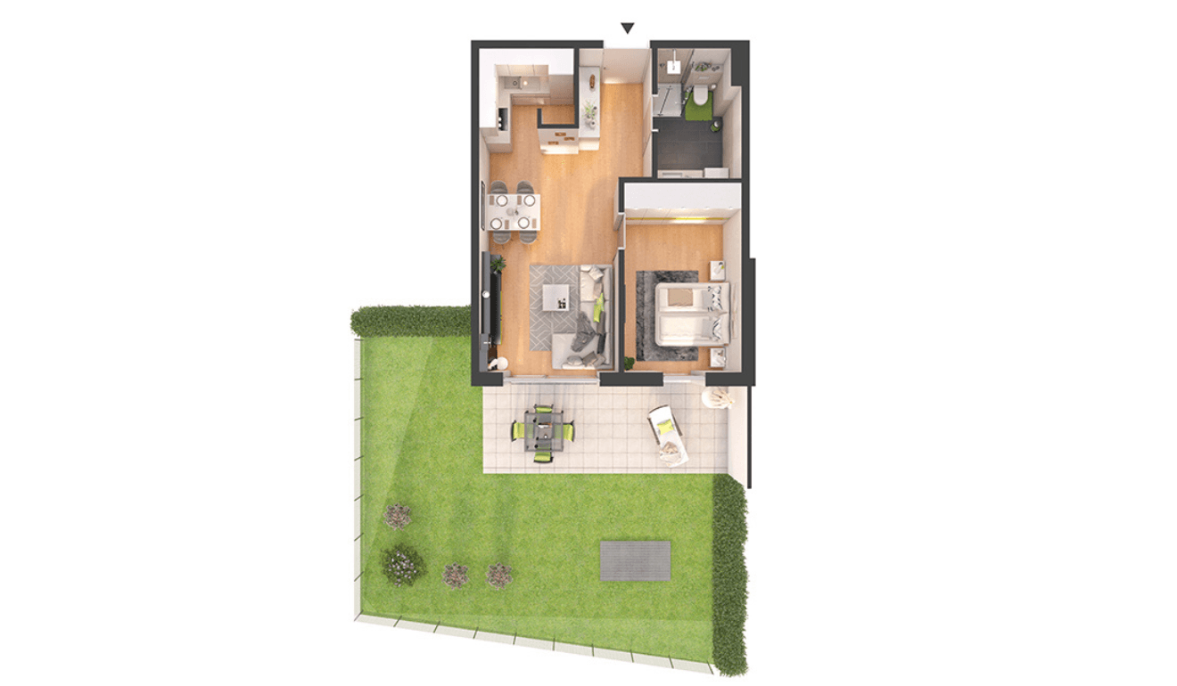 Möblierter Grundriss einer Wohnung mit offenem Wohnbereich, Schlafzimmer und privatem Garten.