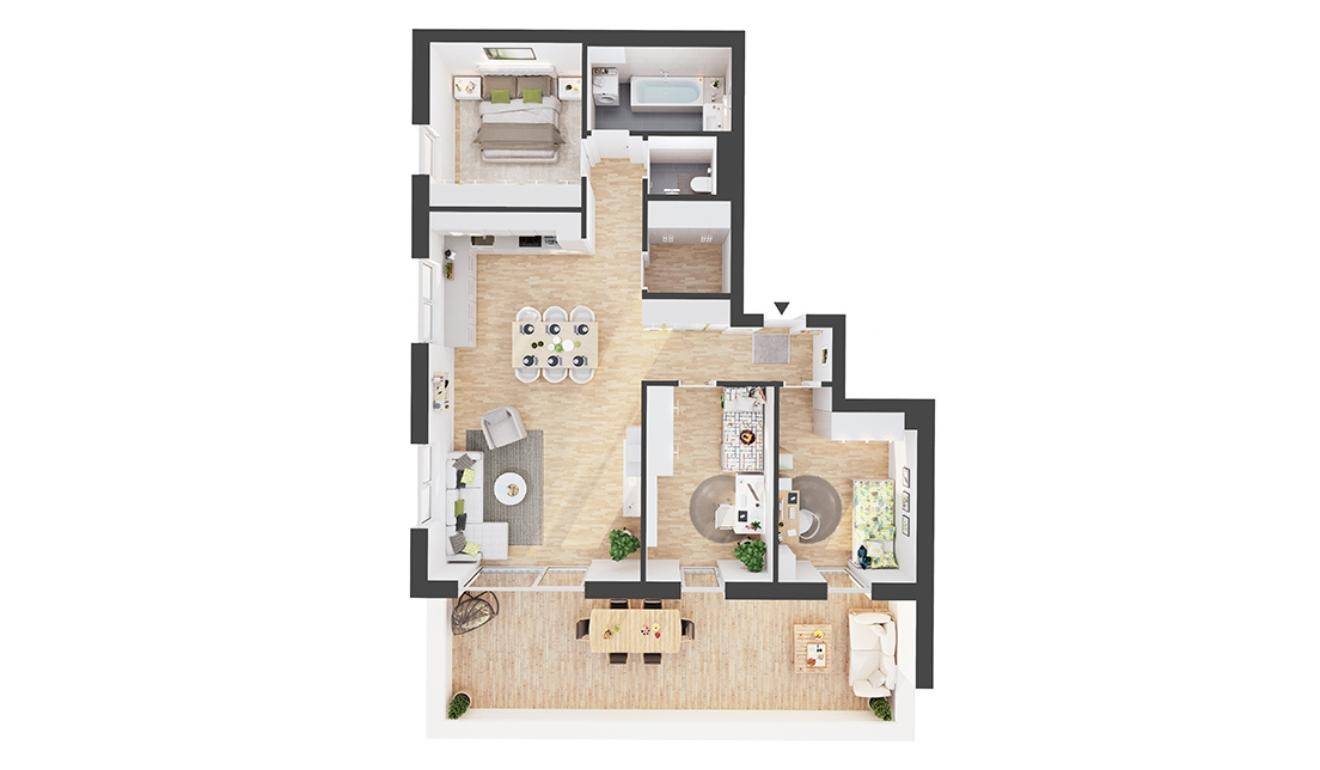Detaillierter Grundriss einer Wohnung mit mehreren Zimmern und Balkon.