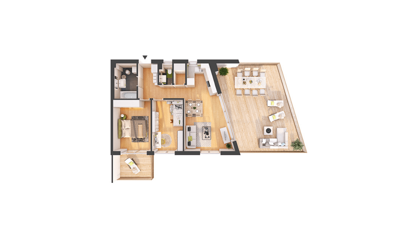 Detaillierter Grundriss einer Wohnung mit großer Terrasse und offenem Wohnbereich.