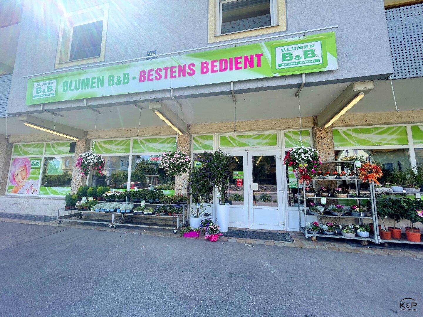 Eingangsbereich eines Blumengeschäfts mit vielfältigen Pflanzen und Blumenarrangements im Außenbereich.
