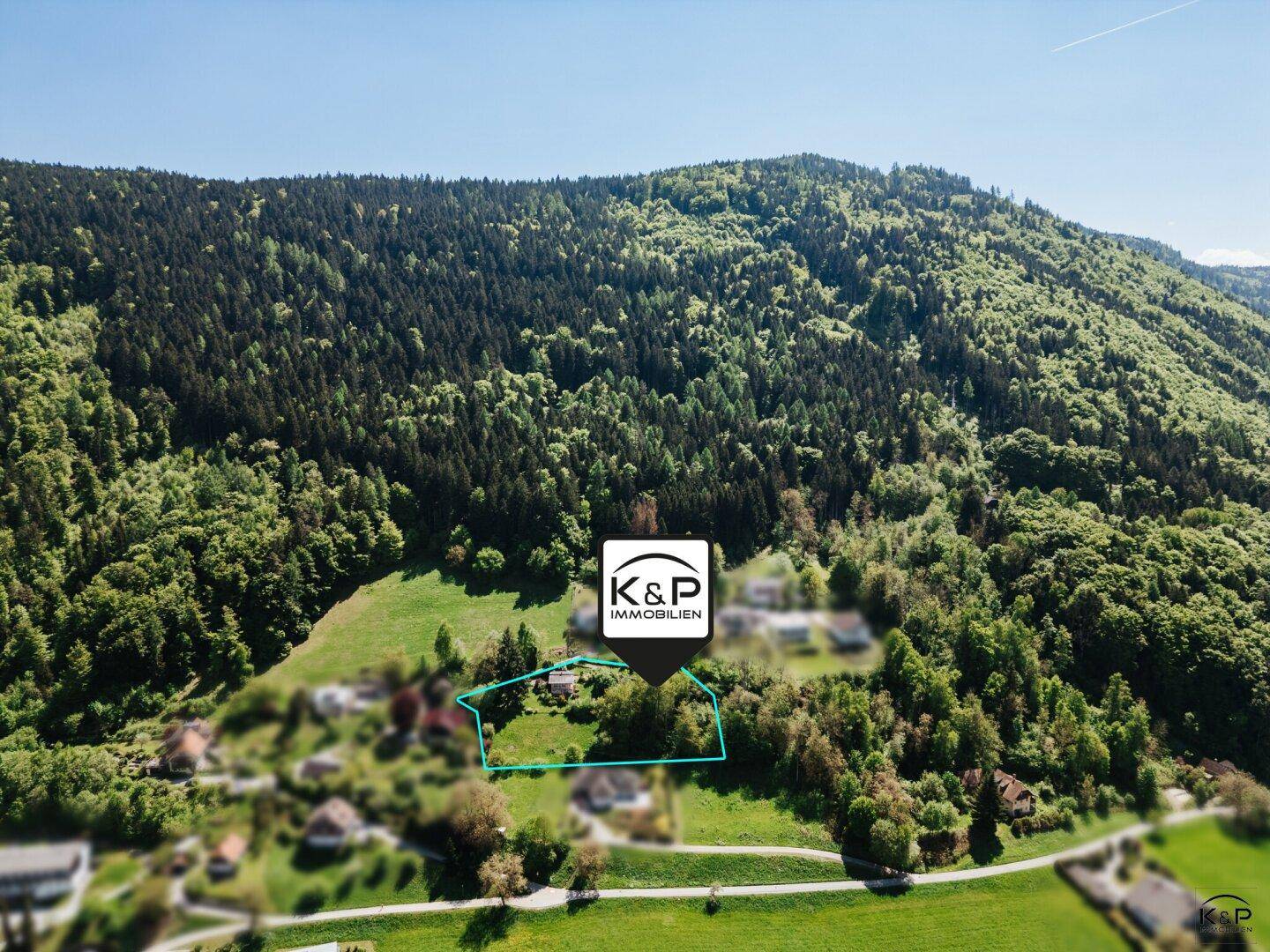 Luftaufnahme eines bewaldeten Hügels mit einem markierten Grundstück und Blick auf den See in der Ferne.