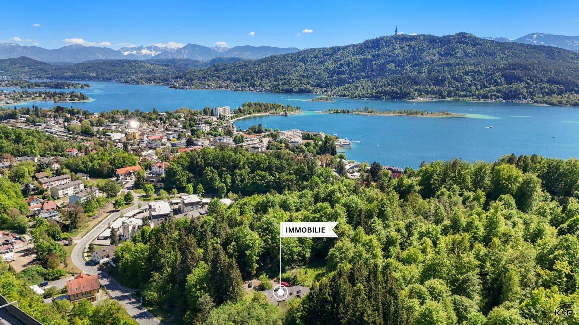 Panoramablick aus der Luft auf die Immobilie mit See- und Bergsicht in grüner Umgebung.