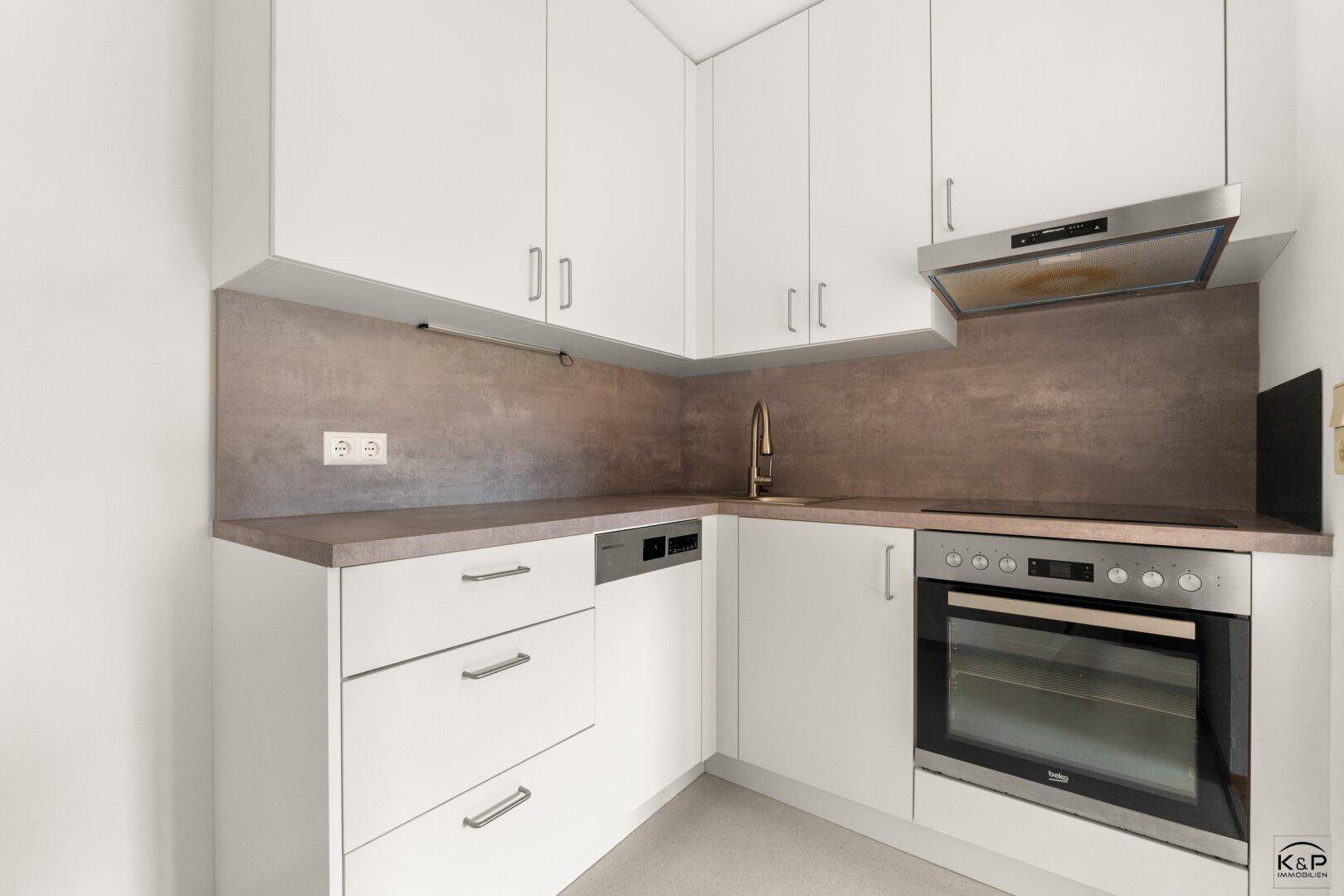Moderne Einbauküche mit weißen Schränken, integriertem Backofen und Geschirrspüler.
