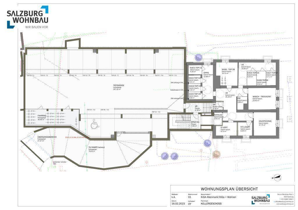 Grundriss des Kellergeschosses mit Tiefgarage, Abstellräumen und Technikbereichen.