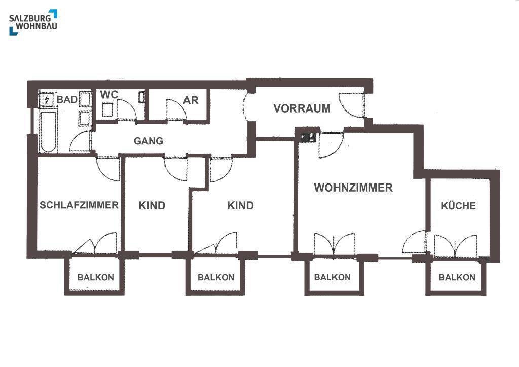 Detaillierter Grundriss einer Wohnung mit mehreren Zimmern und Balkonen.