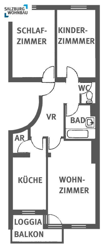 Grundriss einer Wohnung mit Schlafzimmer, Kinderzimmer, Wohnzimmer, Küche, Bad, separatem WC und Loggia/Balkon.