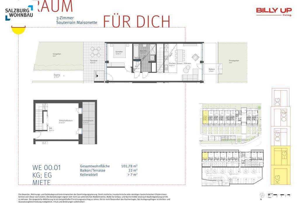 Grundriss einer 3-Zimmer-Maisonette-Wohnung mit Balkon, Terrasse und Kellerabteil, gut aufgeteilt.