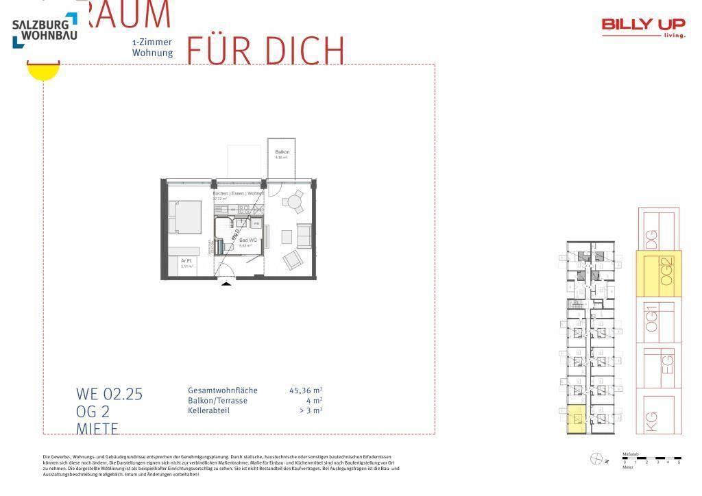 Grundriss einer 2-Zimmer-Wohnung mit Balkon und Kellerabteil.