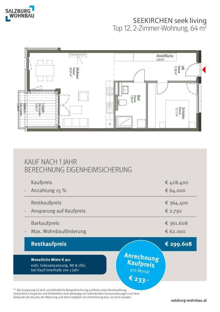 Grundriss einer 2-Zimmer-Wohnung mit offenem Wohnbereich, Schlafzimmer, Bad und Zugang zu Loggia und Balkon.