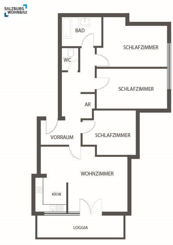 Grundriss einer Wohnung mit drei Schlafzimmern, separater Küche, Wohnzimmer und einer Loggia.