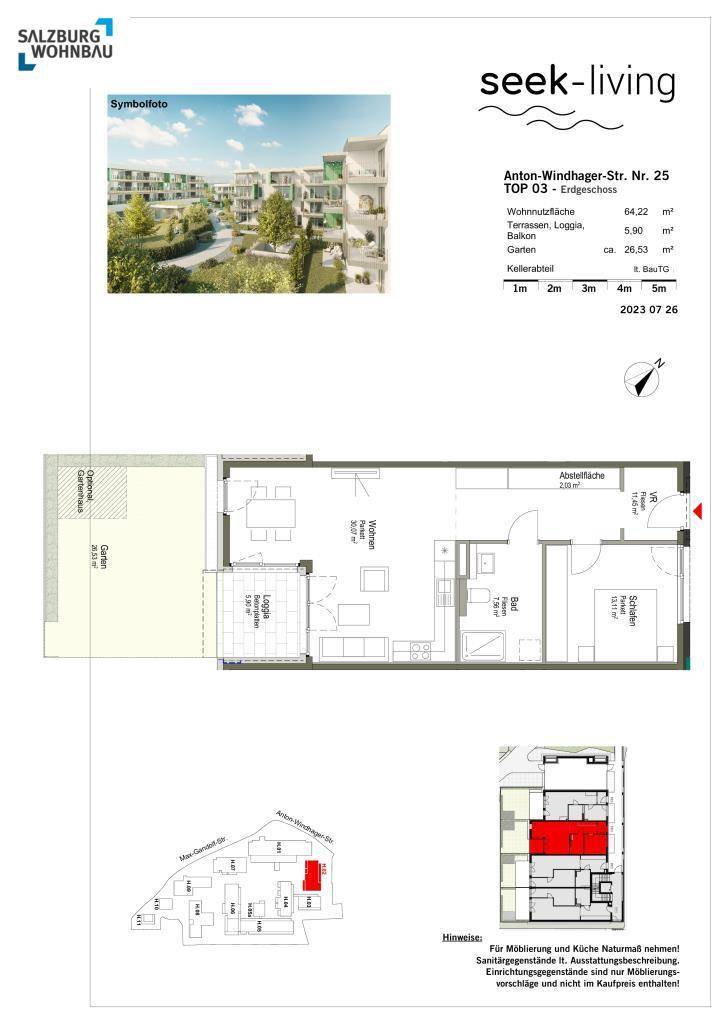 Grundriss einer Wohnung mit offenem Wohnbereich, Schlafzimmer, Loggia und Garten.