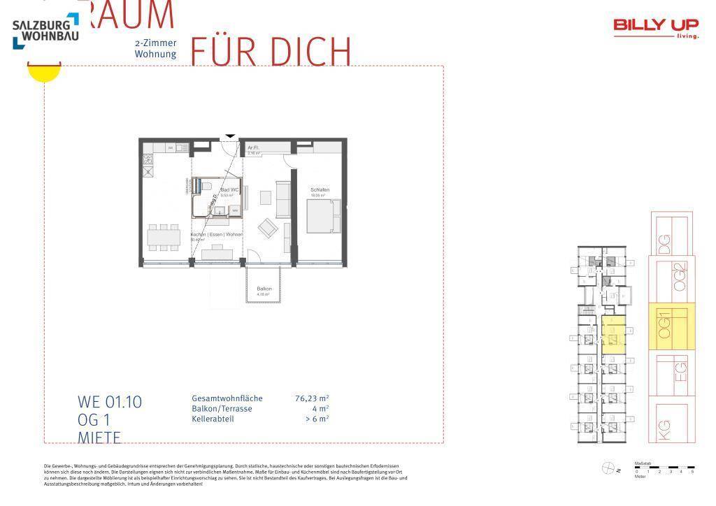 Detaillierter Grundriss einer 2-Zimmer-Wohnung mit Balkon und Kellerabteil.