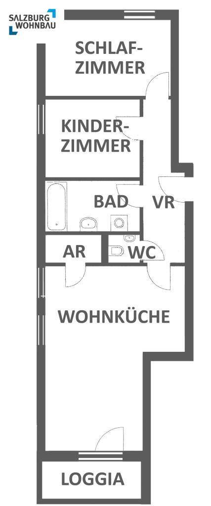 Grundriss einer Wohnung mit Schlafzimmer, Kinderzimmer, Wohnküche, Bad, separatem WC und Loggia.