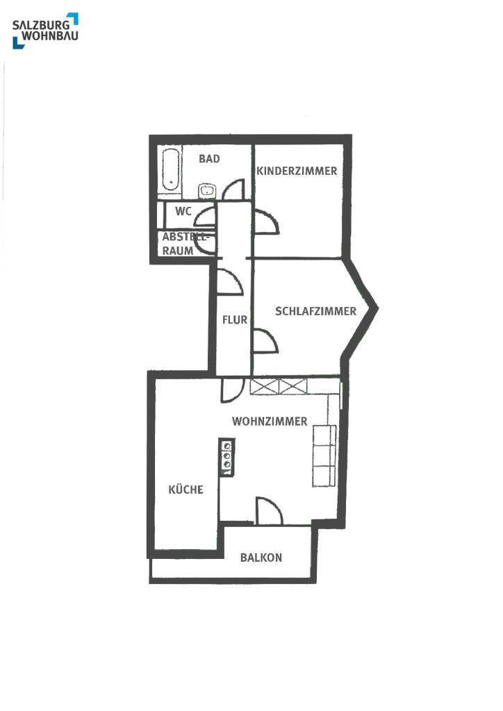 Grundriss einer Wohnung mit Küche, Wohnzimmer, zwei Schlafzimmern und Balkon.