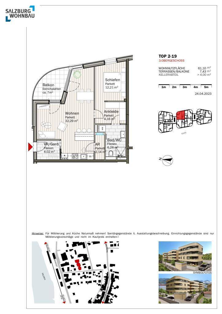 Detaillierter Grundriss einer Wohnung mit Balkon, Schlafzimmer und offenem Wohnbereich.