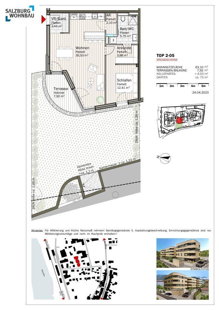 Detaillierter Grundriss einer Erdgeschosswohnung mit Terrasse, Garten und Wohnflächenangaben.