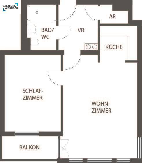 Übersichtlicher Grundriss einer Wohnung mit Schlafzimmer, Wohnzimmer, Küche, Bad/WC, Abstellraum und Balkon.