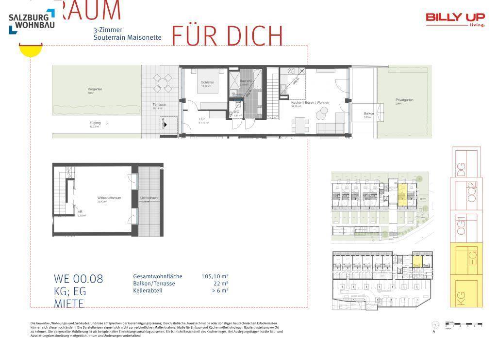 Grundriss einer 3-Zimmer-Souterrain-Maisonette mit Terrasse und Gartenanteil.
