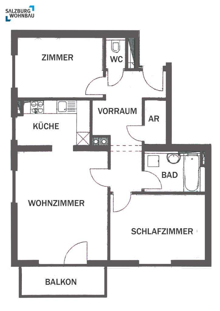 Grundriss einer Wohnung mit Wohnzimmer, Schlafzimmer, Küche, Bad, separatem WC und Balkon.