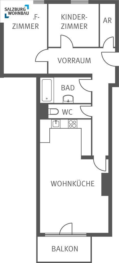 Grundriss einer Wohnung mit Wohnküche, Kinderzimmer, Bad, WC und Balkon.