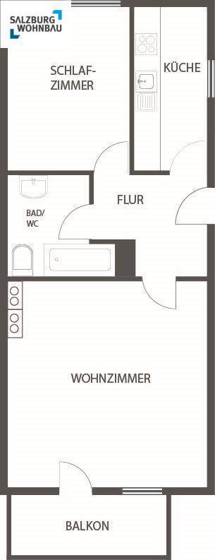 Grundriss einer Wohnung mit Schlafzimmer, Wohnzimmer, separater Küche, Bad/WC und Balkon.