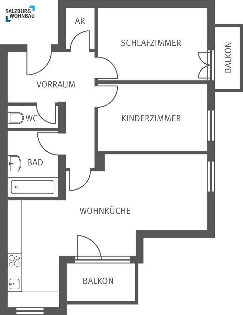 Grundriss einer Wohnung mit zwei Schlafzimmern, Wohnküche und zwei Balkonen.
