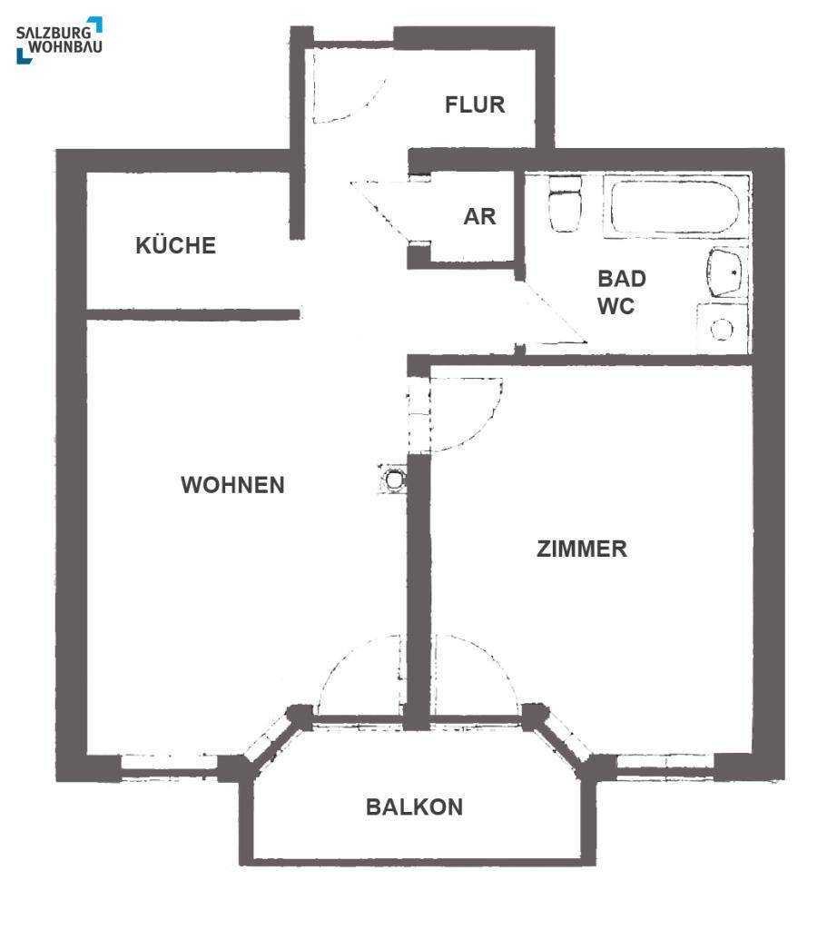 Grundriss einer Wohnung mit Küche, Wohnzimmer, Zimmer, Bad/WC, Flur und Balkon.