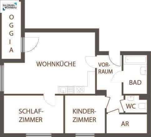 Grundriss einer Wohnung mit offener Wohnküche, zwei Schlafzimmern und Loggia.