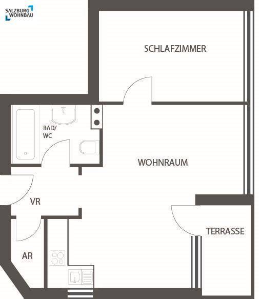 Grundriss einer Wohnung mit Schlafzimmer, Wohnraum, Bad/WC, Vorraum, Abstellraum und Terrasse.